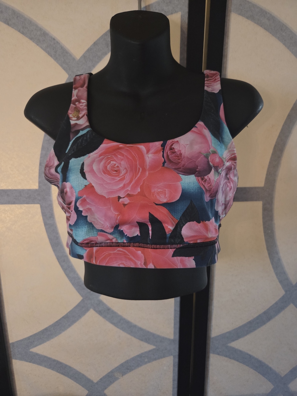 lululemon athletica Pink Floral Sports Bra with Black Accents